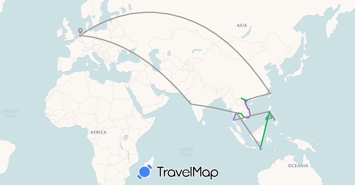 TravelMap itinerary: driving, bus, plane, train, boat in Indonesia, India, Cambodia, Netherlands, Philippines, Thailand, Taiwan, Vietnam (Asia, Europe)